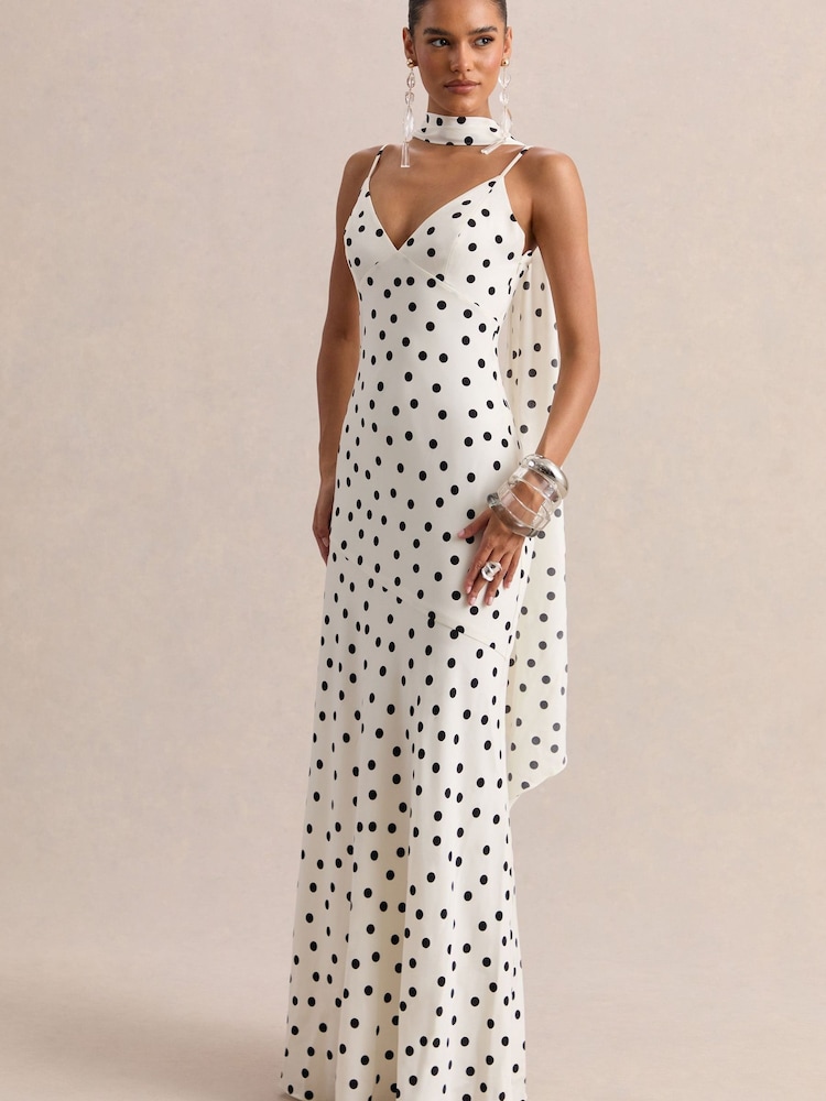 Club L London White Starling |Polka Dot Matte Satin Plunge-Neck Maxi Dress With Scarf-Detail - Image 1 of 5 Club L London White Starling |Polka Dot Matte Satin Plunge-Neck Maxi Dress With Scarf-Detail - Image 1 of 5