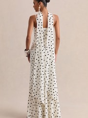 Club L London White Starling |Polka Dot Matte Satin Plunge-Neck Maxi Dress With Scarf-Detail - Image 2 of 5