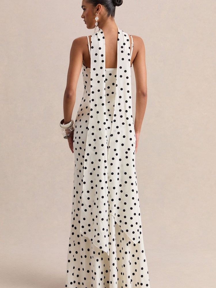 Club L London White Starling |Polka Dot Matte Satin Plunge-Neck Maxi Dress With Scarf-Detail - Image 2 of 5 Club L London White Starling |Polka Dot Matte Satin Plunge-Neck Maxi Dress With Scarf-Detail - Image 2 of 5