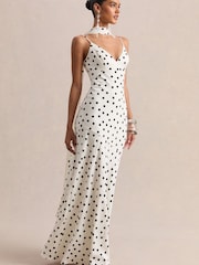 Club L London White Starling |Polka Dot Matte Satin Plunge-Neck Maxi Dress With Scarf-Detail - Image 3 of 5