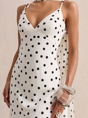 Club L London White Starling |Polka Dot Matte Satin Plunge-Neck Maxi Dress With Scarf-Detail - Image 4 of 5