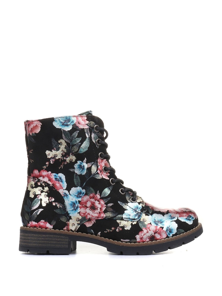 Pavers Black/Pink Floral Ladies Lace Up Ankle Boots - Image 1 of 5