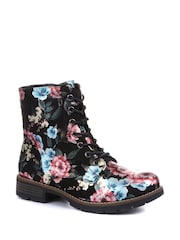 Pavers Black/Pink Floral Ladies Lace Up Ankle Boots - Image 2 of 5