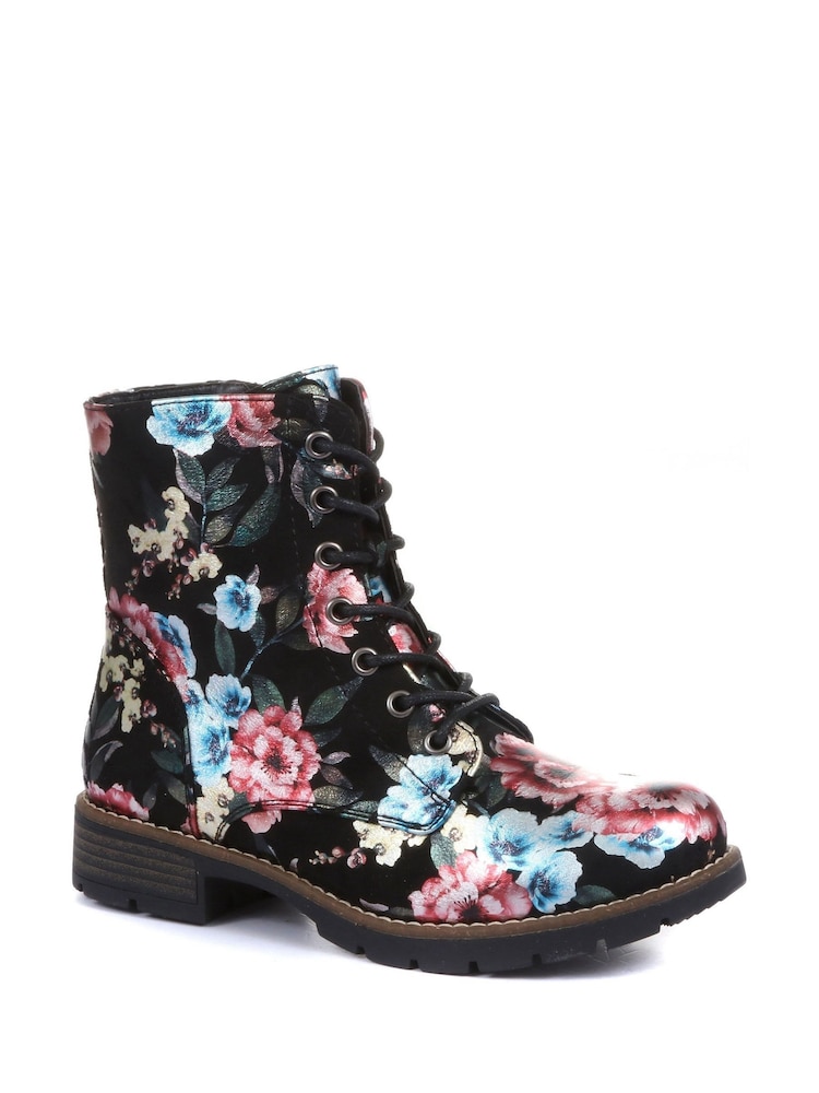 Pavers Black/Pink Floral Ladies Lace Up Ankle Boots - Image 2 of 5