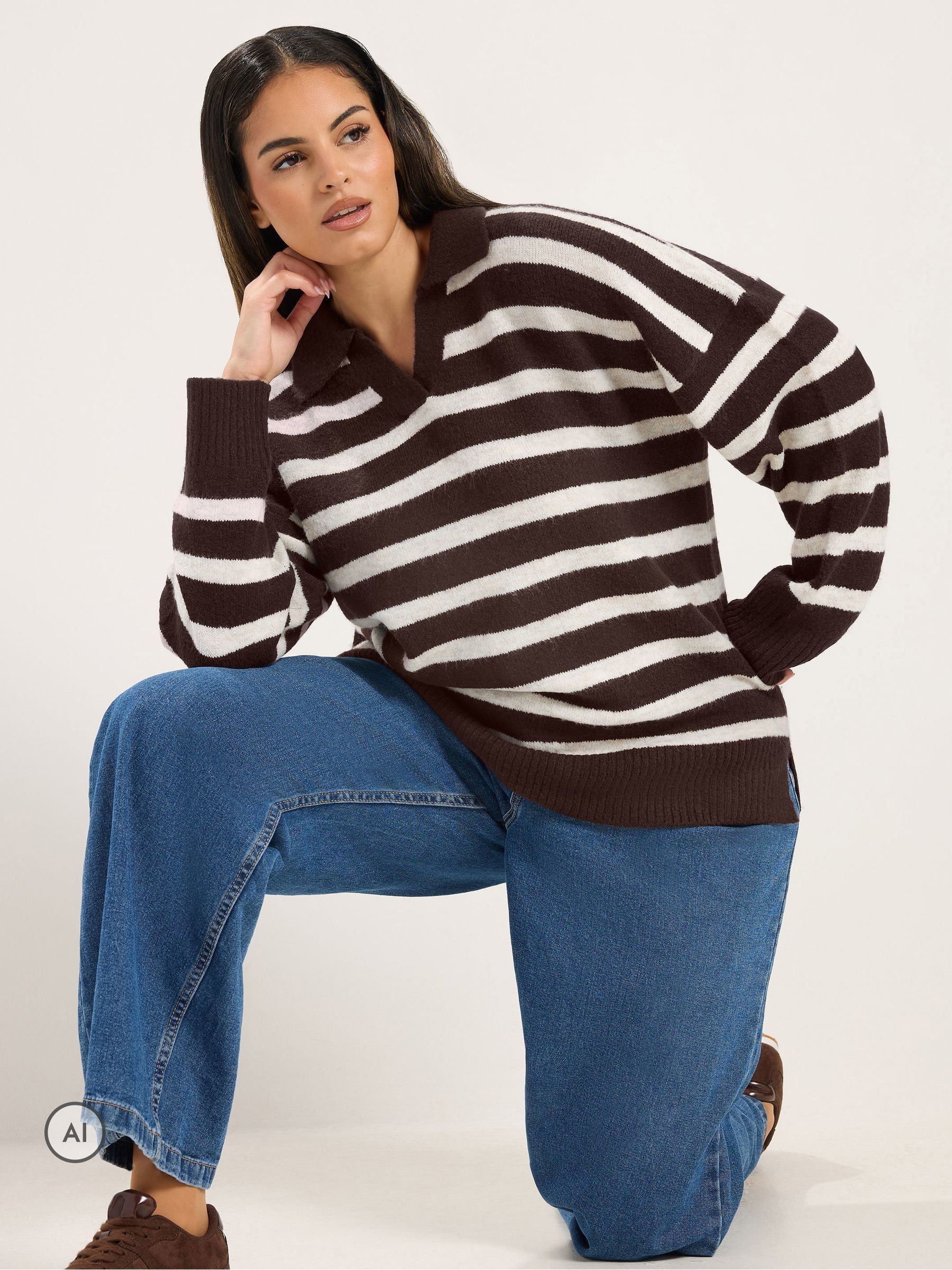 Yours Women's Brown Stripe Collared Knitted Jumper In Size 30-32 - Image 6