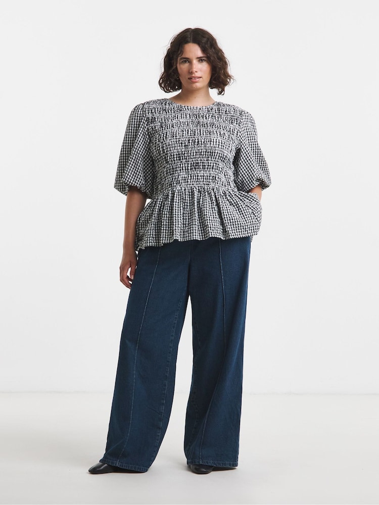 Simply Be Blue Pintuck Wide Leg Jogger Jeans - Image 1 of 4