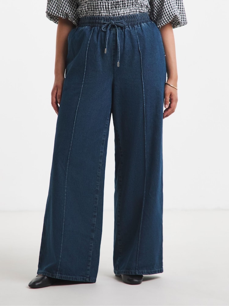 Simply Be Blue Pintuck Wide Leg Jogger Jeans - Image 2 of 4