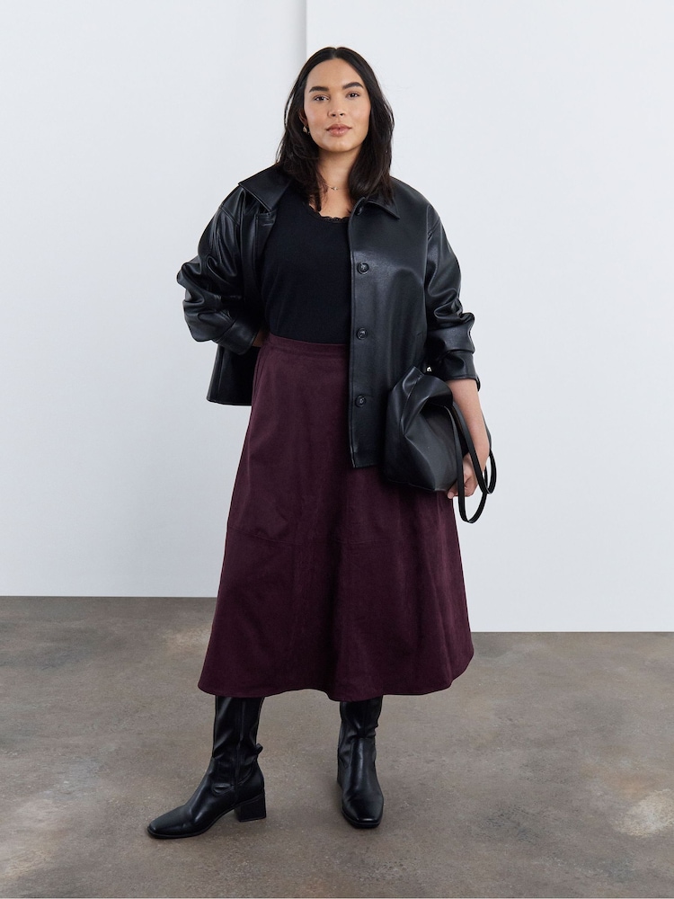 Simply Be Purple Suedette Seam Detail Midi Skirt - Image 1 of 4 Simply Be Purple Suedette Seam Detail Midi Skirt - Image 1 of 4