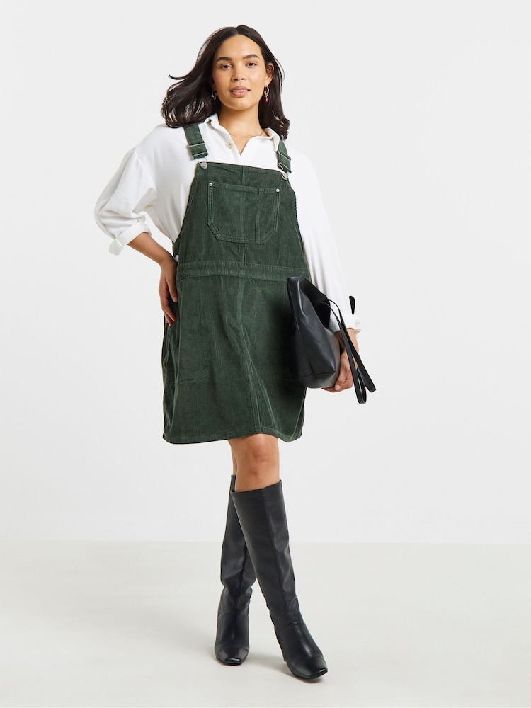 Simply Be Green Cord Mini Dungaree Dress - Image 1 of 4 Simply Be Green Cord Mini Dungaree Dress - Image 1 of 4