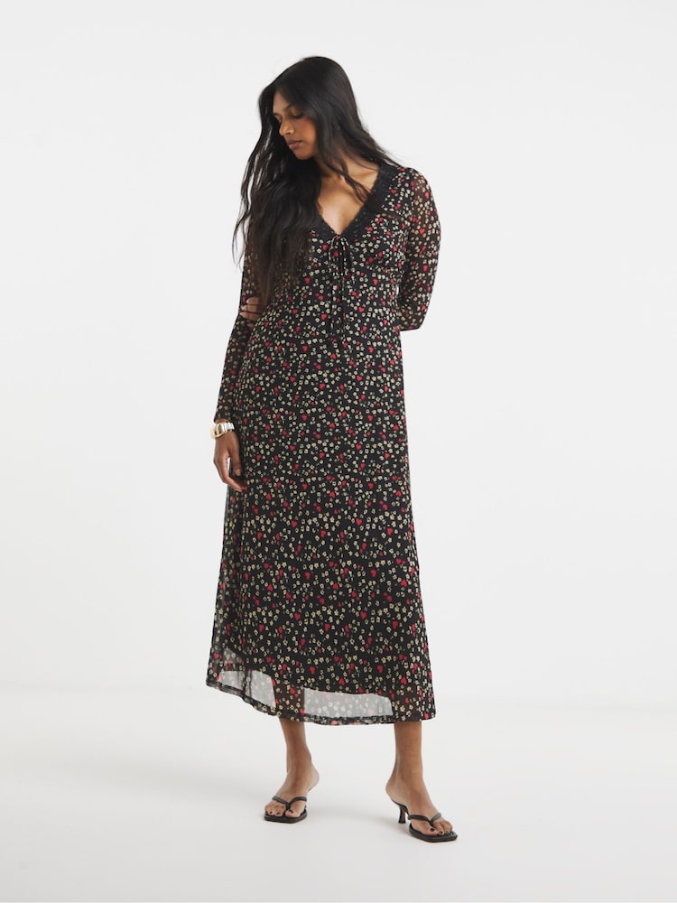 Simply Be Black Mesh Lace Trim Midi Dress - Image 1 of 4 Simply Be Black Mesh Lace Trim Midi Dress - Image 1 of 4