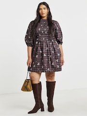 Simply Be Brown Shirred Check Mini Dress - Image 1 of 4