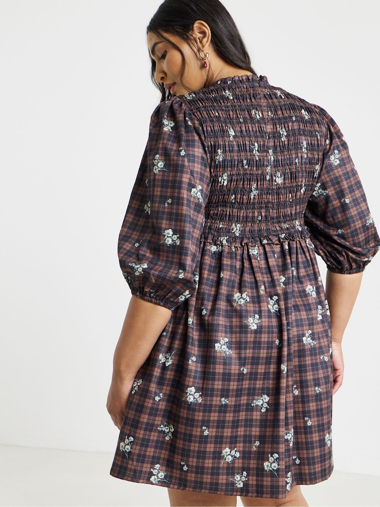 Simply Be Brown Shirred Check Mini Dress - Image 2 of 4 Simply Be Brown Shirred Check Mini Dress - Image 2 of 4