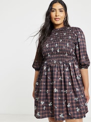 Simply Be Brown Shirred Check Mini Dress - Image 3 of 4