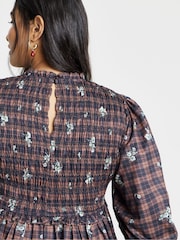 Simply Be Brown Shirred Check Mini Dress - Image 4 of 4
