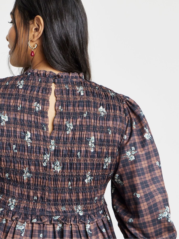 Simply Be Brown Shirred Check Mini Dress - Image 4 of 4 Simply Be Brown Shirred Check Mini Dress - Image 4 of 4
