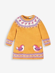 JoJo Maman Bébé Mustard Yellow Bird Fair Isle Pattern Knitted Dress - Image 1 of 3