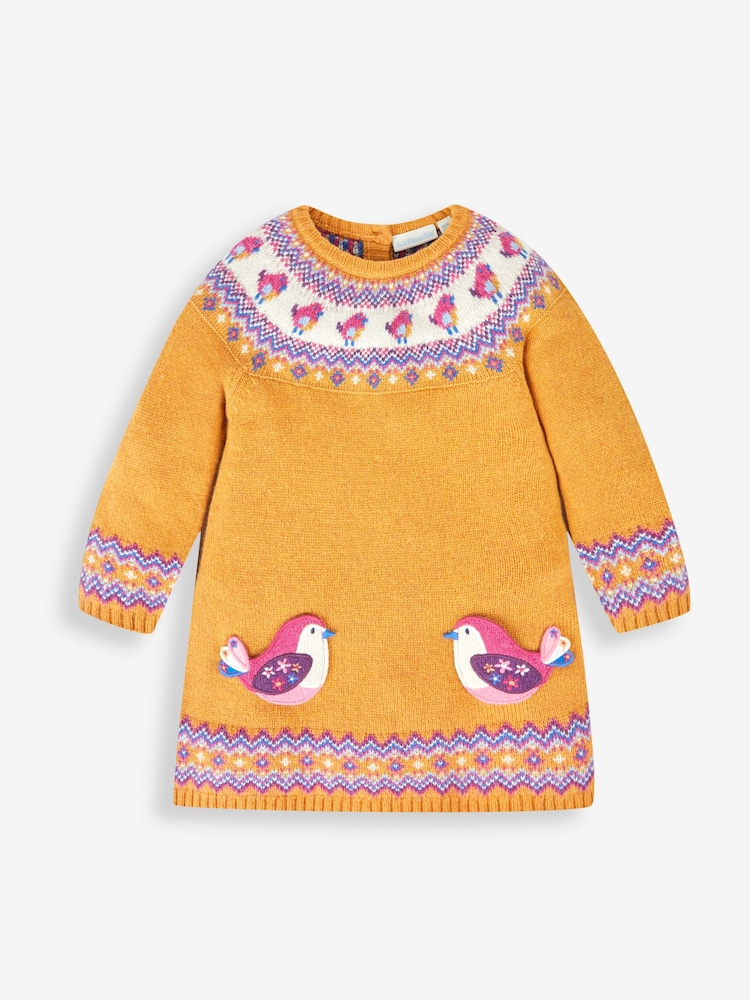 JoJo Maman Bébé Mustard Yellow Bird Fair Isle Pattern Knitted Dress - Image 1 of 3