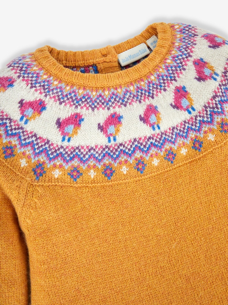 JoJo Maman Bébé Mustard Yellow Bird Fair Isle Pattern Knitted Dress - Image 2 of 3