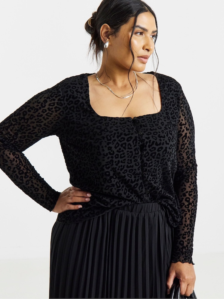 Simply Be Black Leopard Flock Mesh Square Neck Top - Image 1 of 4 Simply Be Black Leopard Flock Mesh Square Neck Top - Image 1 of 4