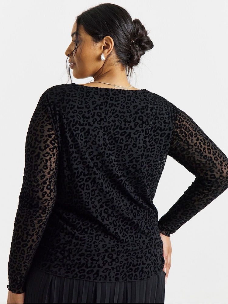 Simply Be Black Leopard Flock Mesh Square Neck Top - Image 2 of 4 Simply Be Black Leopard Flock Mesh Square Neck Top - Image 2 of 4