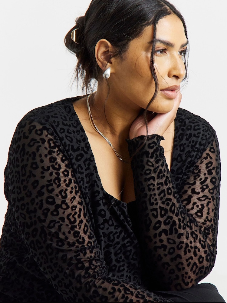 Simply Be Black Leopard Flock Mesh Square Neck Top - Image 4 of 4 Simply Be Black Leopard Flock Mesh Square Neck Top - Image 4 of 4