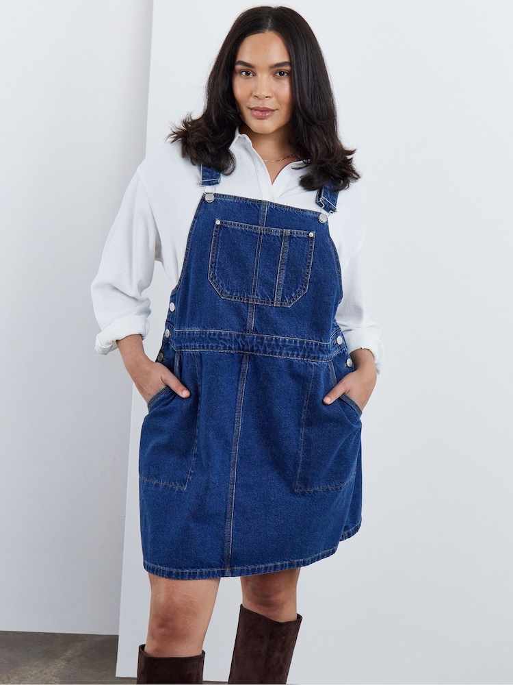 Simply Be Blue Denim Mini Dungaree Dress - Image 1 of 4 Simply Be Blue Denim Mini Dungaree Dress - Image 1 of 4