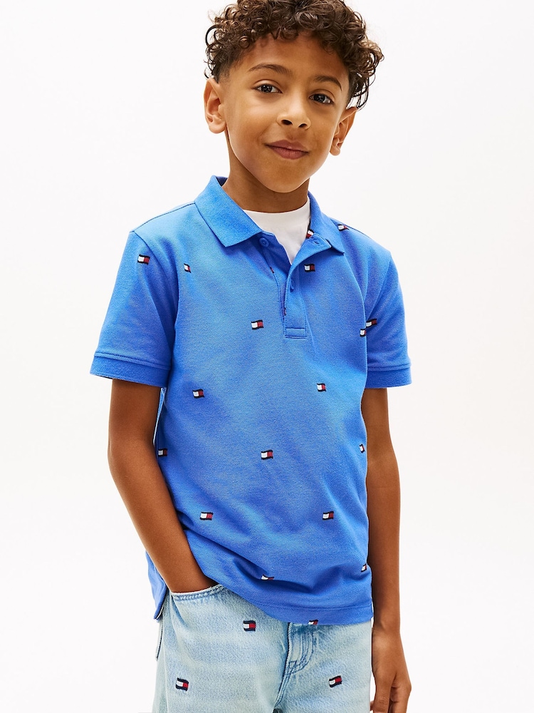 Tommy Hilfiger Blue Regular Fit Wavy Flag Embroidery Polo Shirt - Image 1 of 5 Tommy Hilfiger Blue Regular Fit Wavy Flag Embroidery Polo Shirt - Image 1 of 5