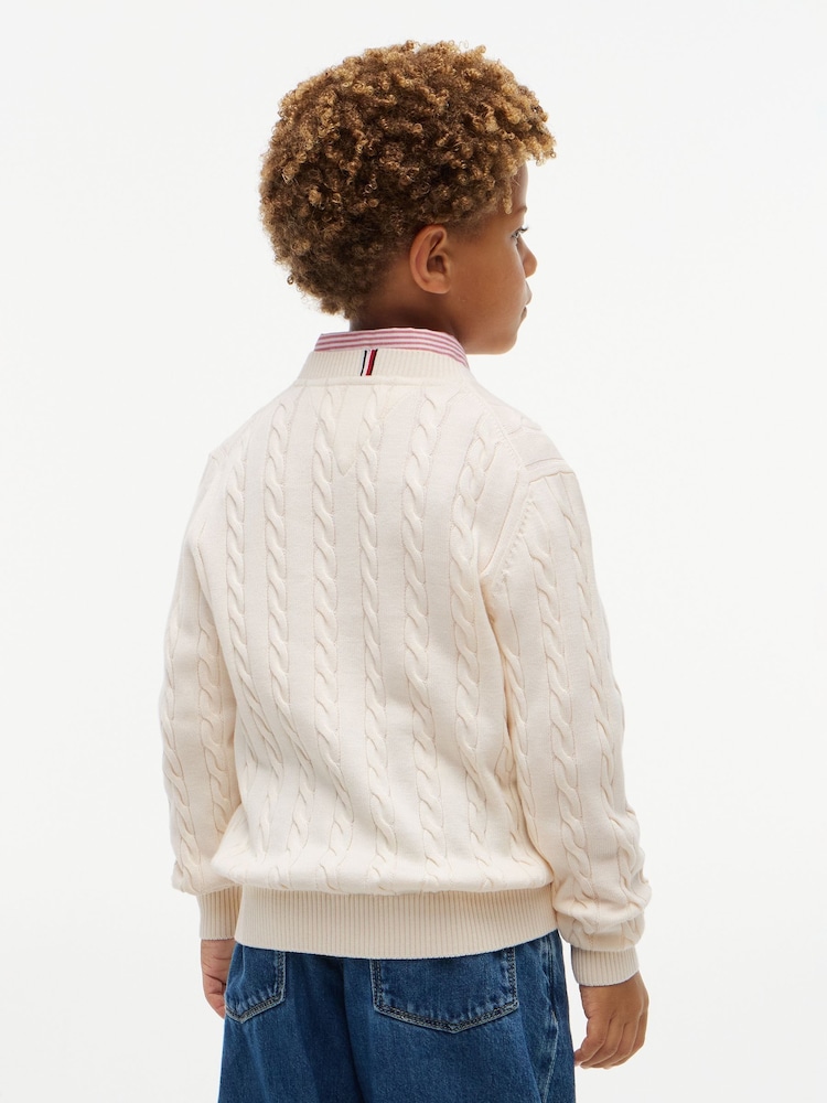 Tommy Hilfiger Cream Cable Knit Crew Neck Jumper - Image 2 of 5