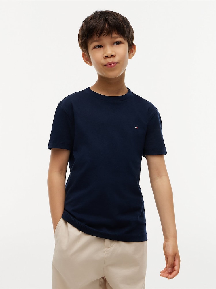 Blauw - Tommy Hilfiger Essential T-shirt met geborduurde vlag en ronde hals - Afbeelding 1 van 7