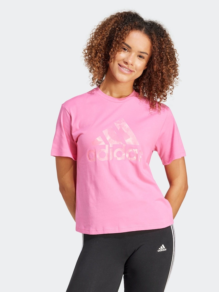 adidas Pink 100% Cotton Sportswear Floral Graphic Big Logo T-Shirt - Image 1 of 7