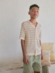 Neutral Crochet Stripe Short Sleeved Polo Shirt (3-16yrs) - Image 1 of 7