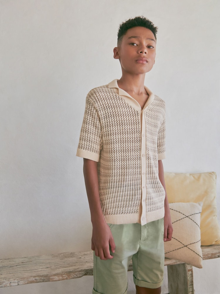 Neutral Crochet Stripe Short Sleeved Polo Shirt (3-16yrs) - Image 1 of 7