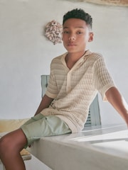 Neutral Crochet Stripe Short Sleeved Polo Shirt (3-16yrs) - Image 2 of 7