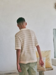 Neutral Crochet Stripe Short Sleeved Polo Shirt (3-16yrs) - Image 3 of 7