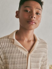 Neutral Crochet Stripe Short Sleeved Polo Shirt (3-16yrs) - Image 4 of 7