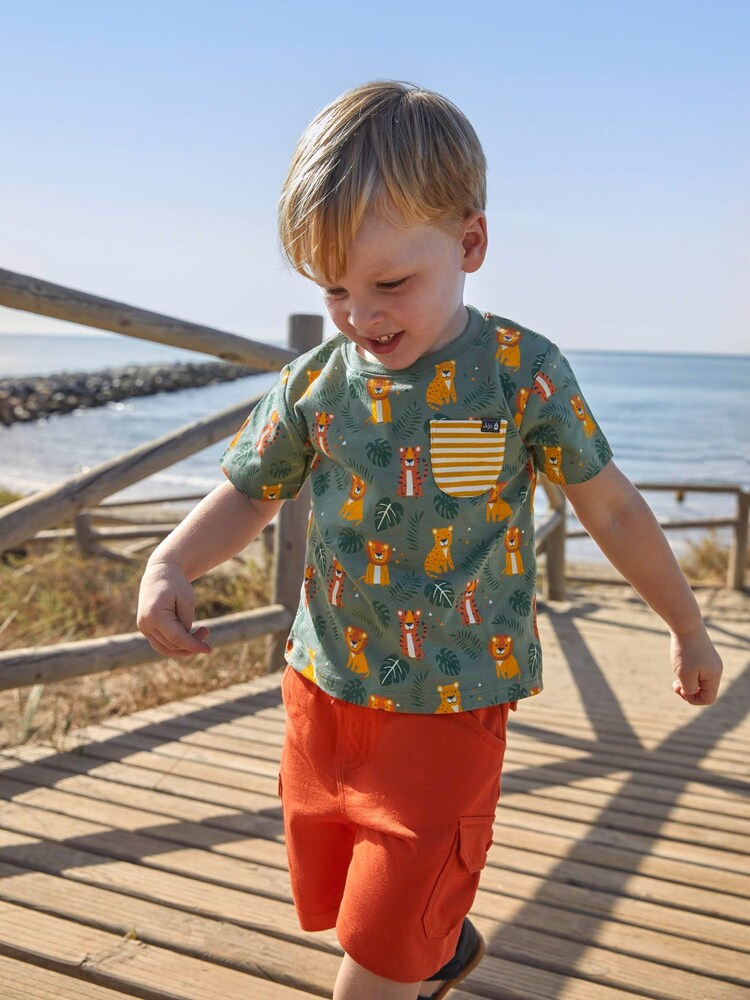 JoJo Maman Bébé Khaki Big Cats Print Pocket T-Shirt - Image 1 of 5