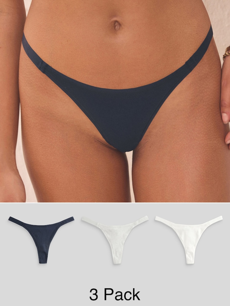 self. Navy Blue/ Grey/ Cream Thong Cotton Rich Knickers 3 Pack - Image 1 of 11