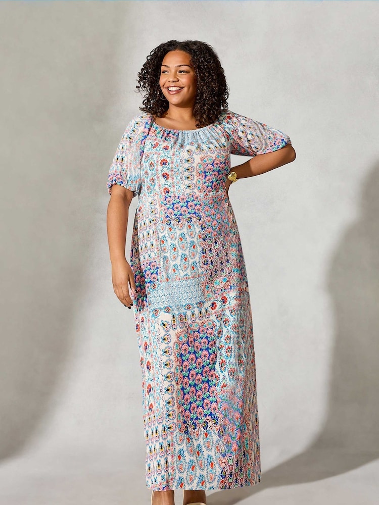 Live Unlimited Brown Curve Multi Mosaic Print Bardot Maxi Dress - Image 1 of 6