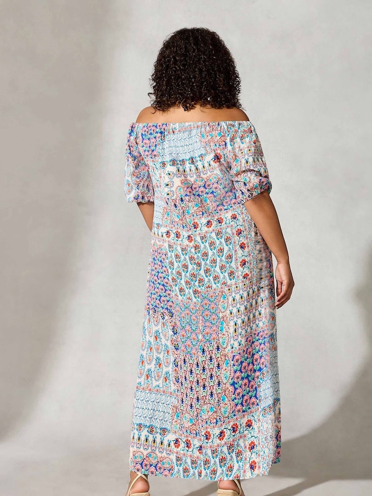 Live Unlimited Brown Curve Multi Mosaic Print Bardot Maxi Dress - Image 2 of 6