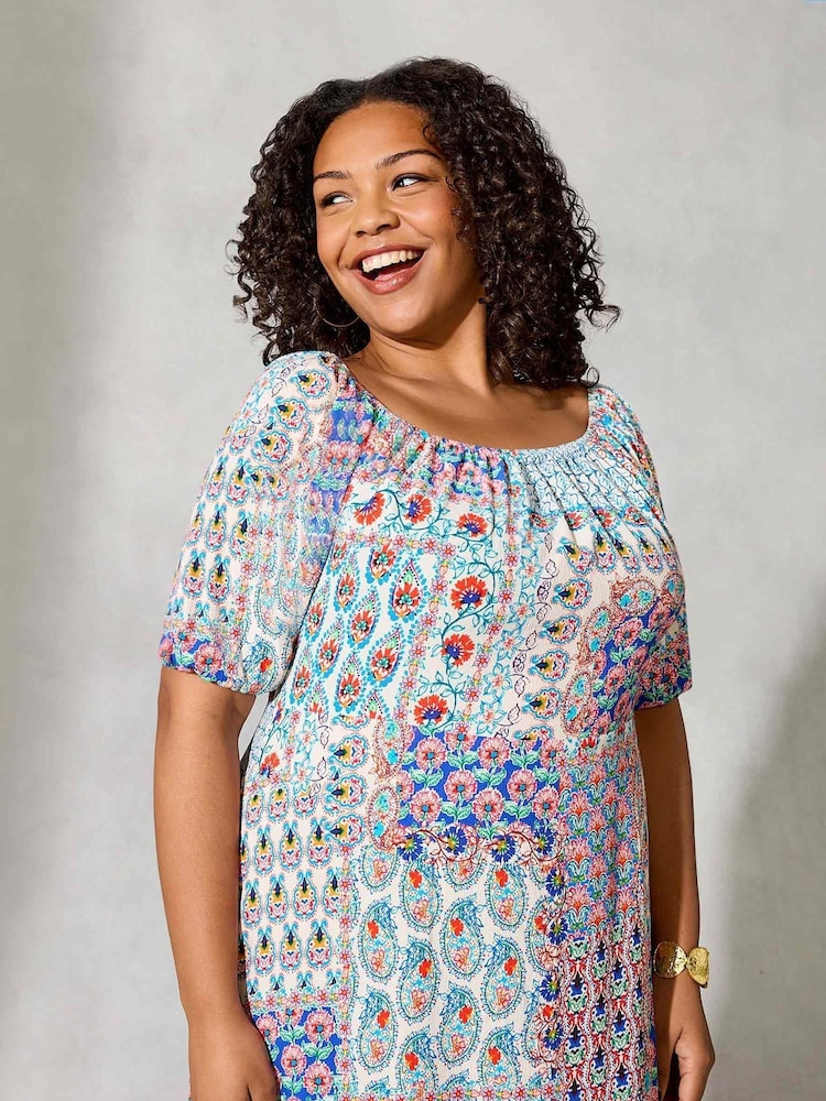 Live Unlimited Brown Curve Multi Mosaic Print Bardot Maxi Dress - Image 4 of 6