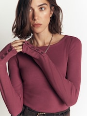 Boden Purple Button Cuff Ribbed Boat Neck T-Shirt - Image 1 of 6