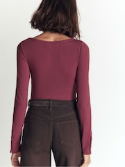 Boden Purple Button Cuff Ribbed Boat Neck T-Shirt - Image 3 of 6