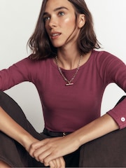 Boden Purple Button Cuff Ribbed Boat Neck T-Shirt - Image 4 of 6