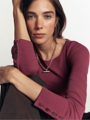 Boden Purple Button Cuff Ribbed Boat Neck T-Shirt - Image 5 of 6