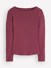 Boden Purple Button Cuff Ribbed Boat Neck T-Shirt - Image 6 of 6