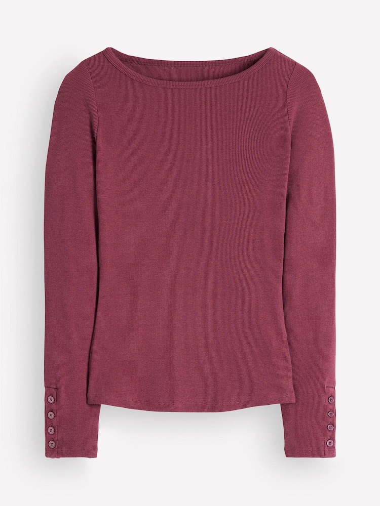 Boden Purple Button Cuff Ribbed Boat Neck T-Shirt - Image 6 of 6 Boden Purple Button Cuff Ribbed Boat Neck T-Shirt - Image 6 of 6