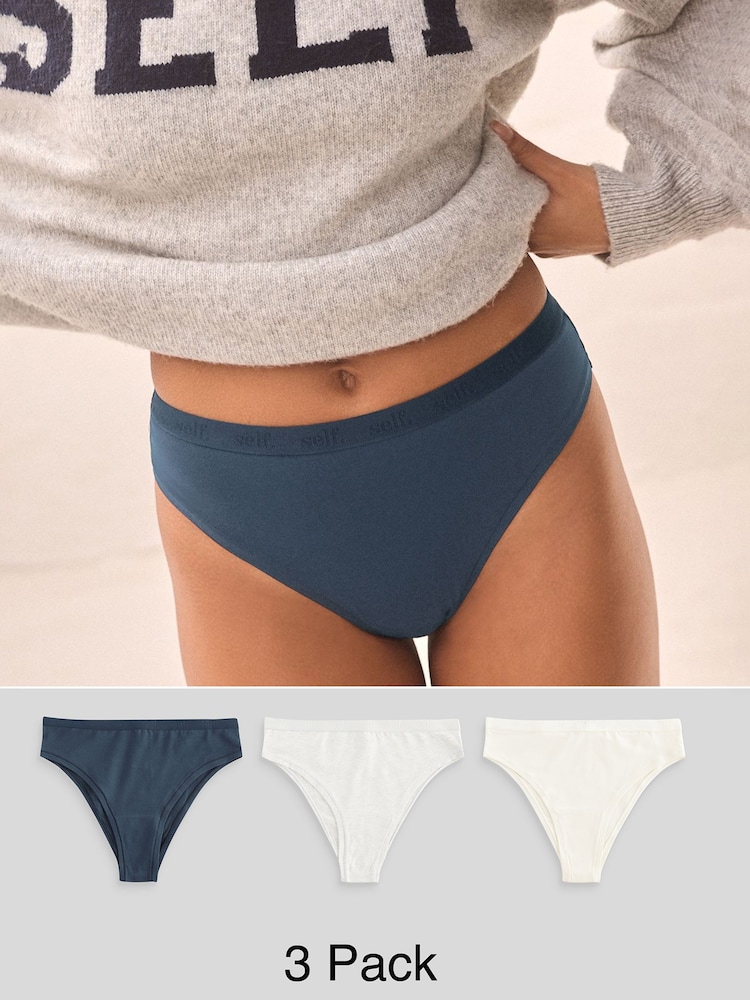 self. Navy Blue/Grey/Cream High Rise High Leg Cotton Rich Knickers 3 Pack - Image 1 of 10