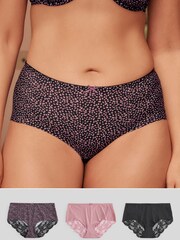 Mauve Purple Spot Print/Black/Pink Midi No VPL Lace Back Briefs 3 Pack - Image 1 of 10