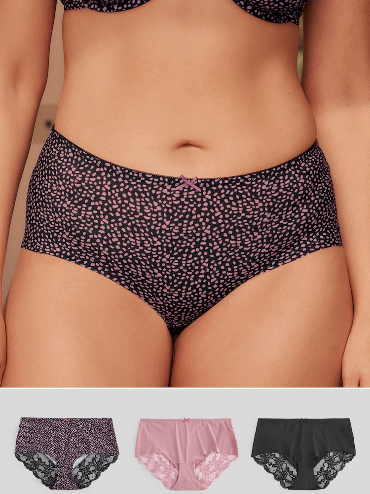 Mauve Purple Spot Print/Black/Pink Midi No VPL Lace Back Briefs 3 Pack - Image 1 of 10