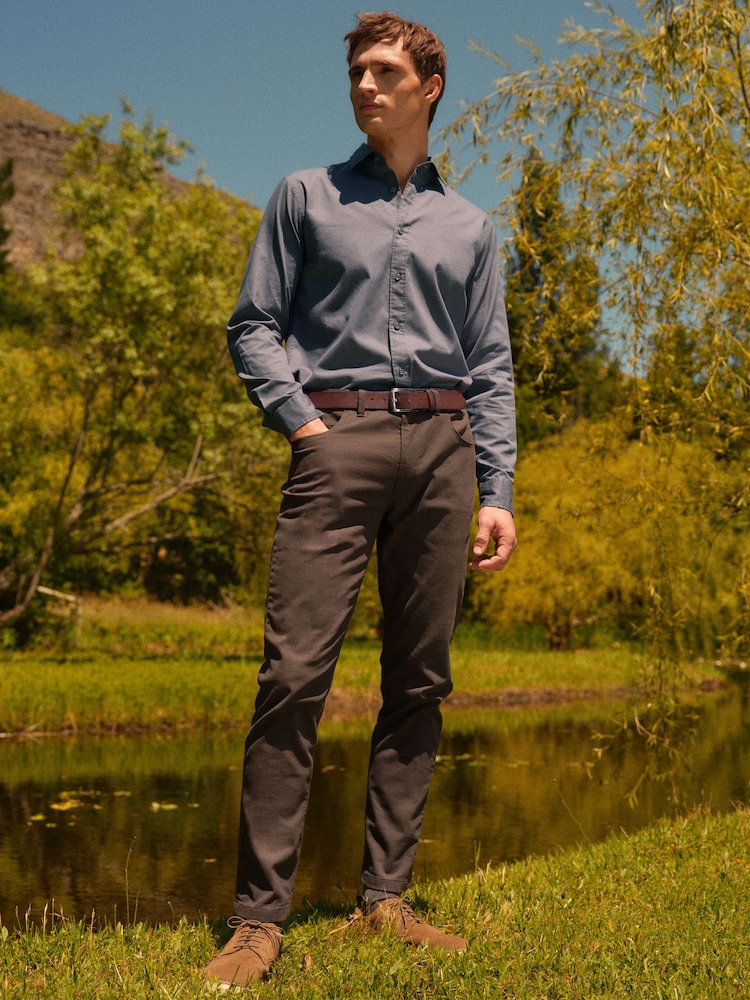 Navy Blue Regular Fit Washed Textured 100% Cotton Shirt With Cutaway Collar - Image 2 of 5